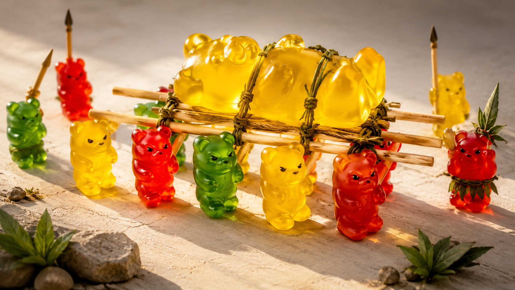 A procession of red, green, and yellow gummy bears carrying a yellow gummy bear on a wooden litter