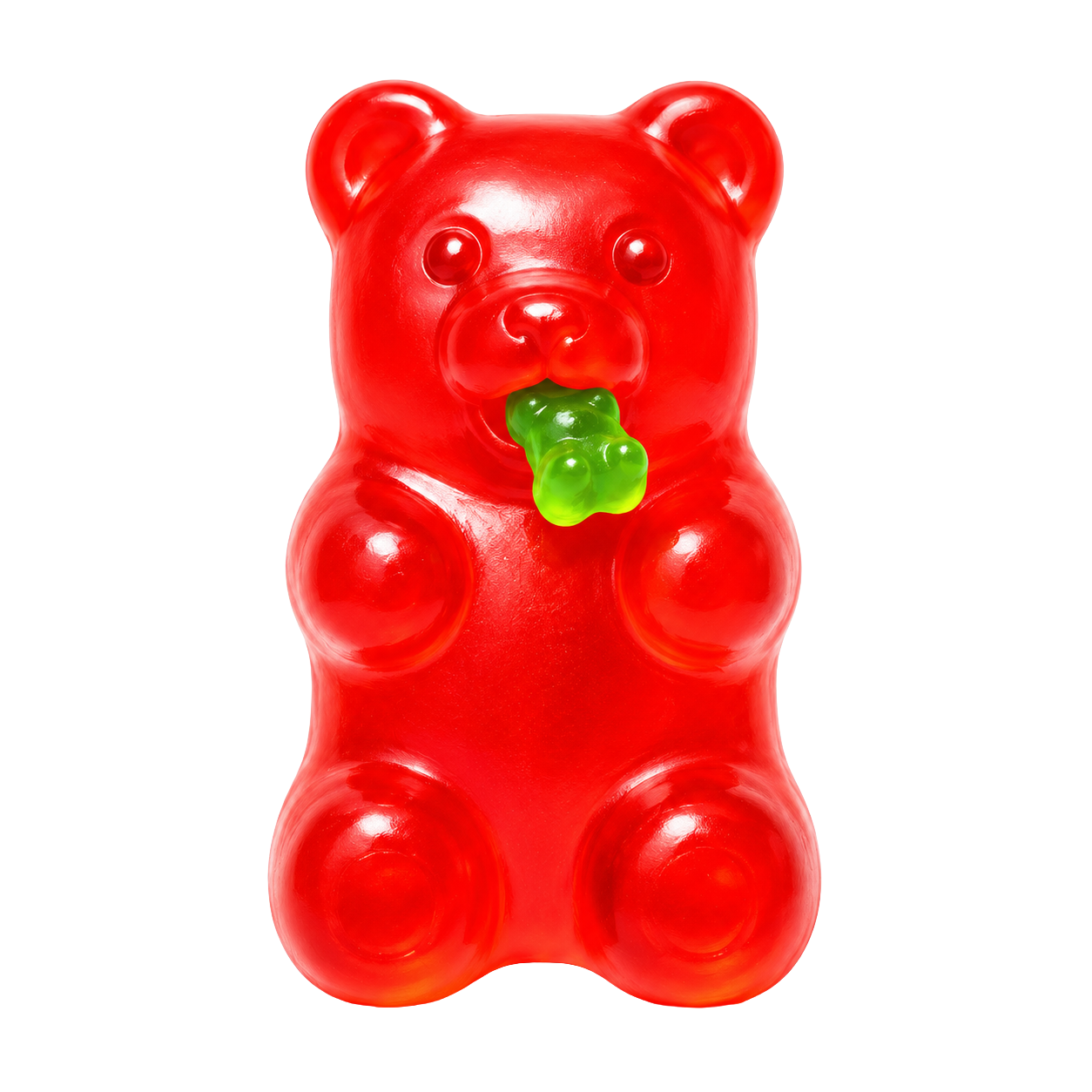A giant glossy red gummy bear holding a green gummy bear in its mouth