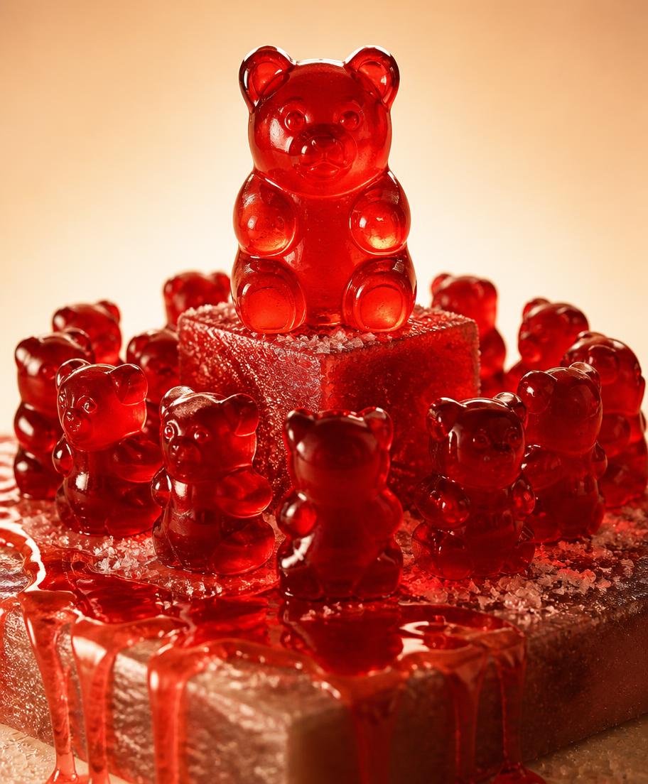 A pyramid of translucent red gummy bears stacked on a red sugar block