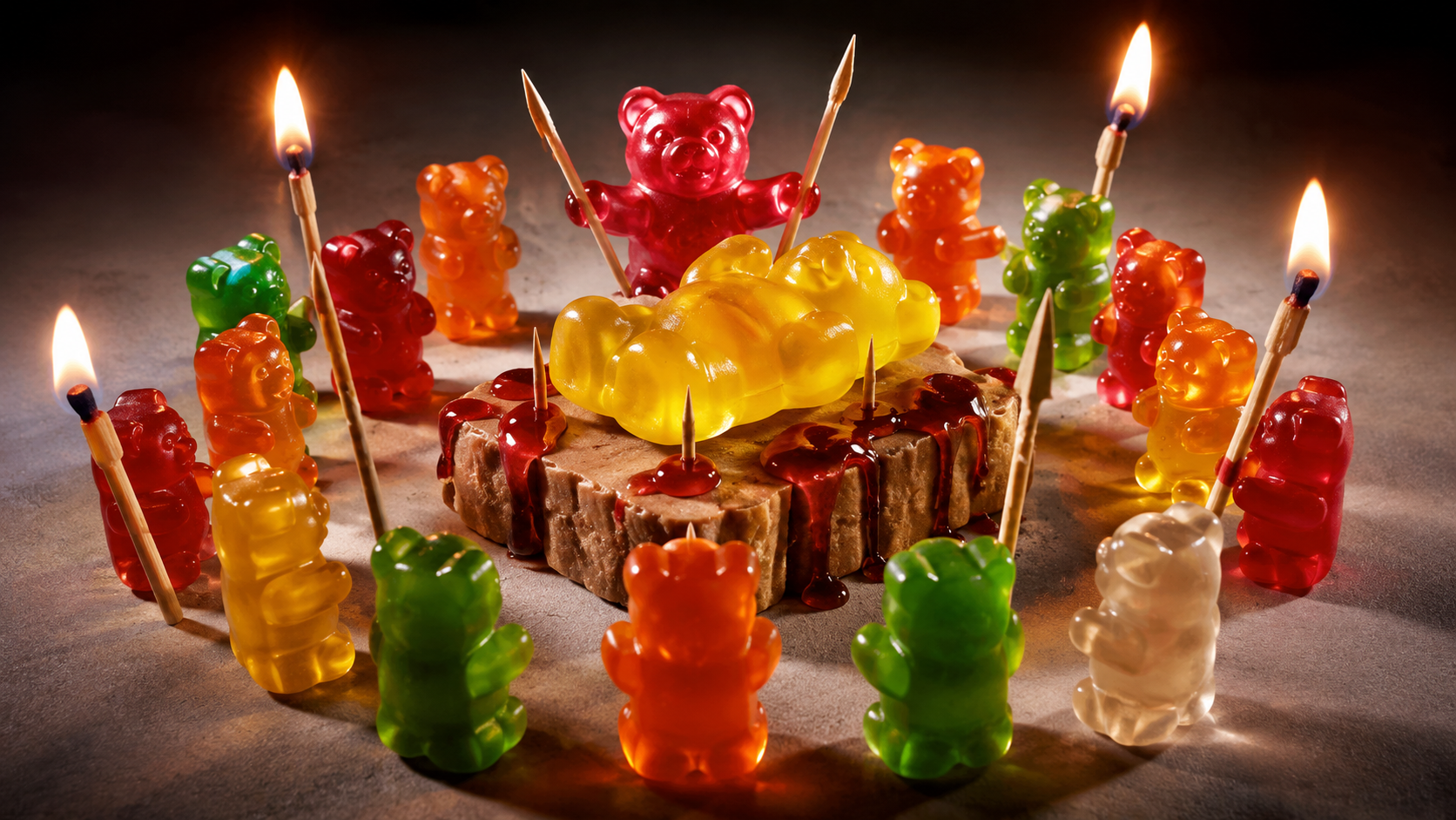 Gummy bears of many colors gathered around candles and a sacrificial altar